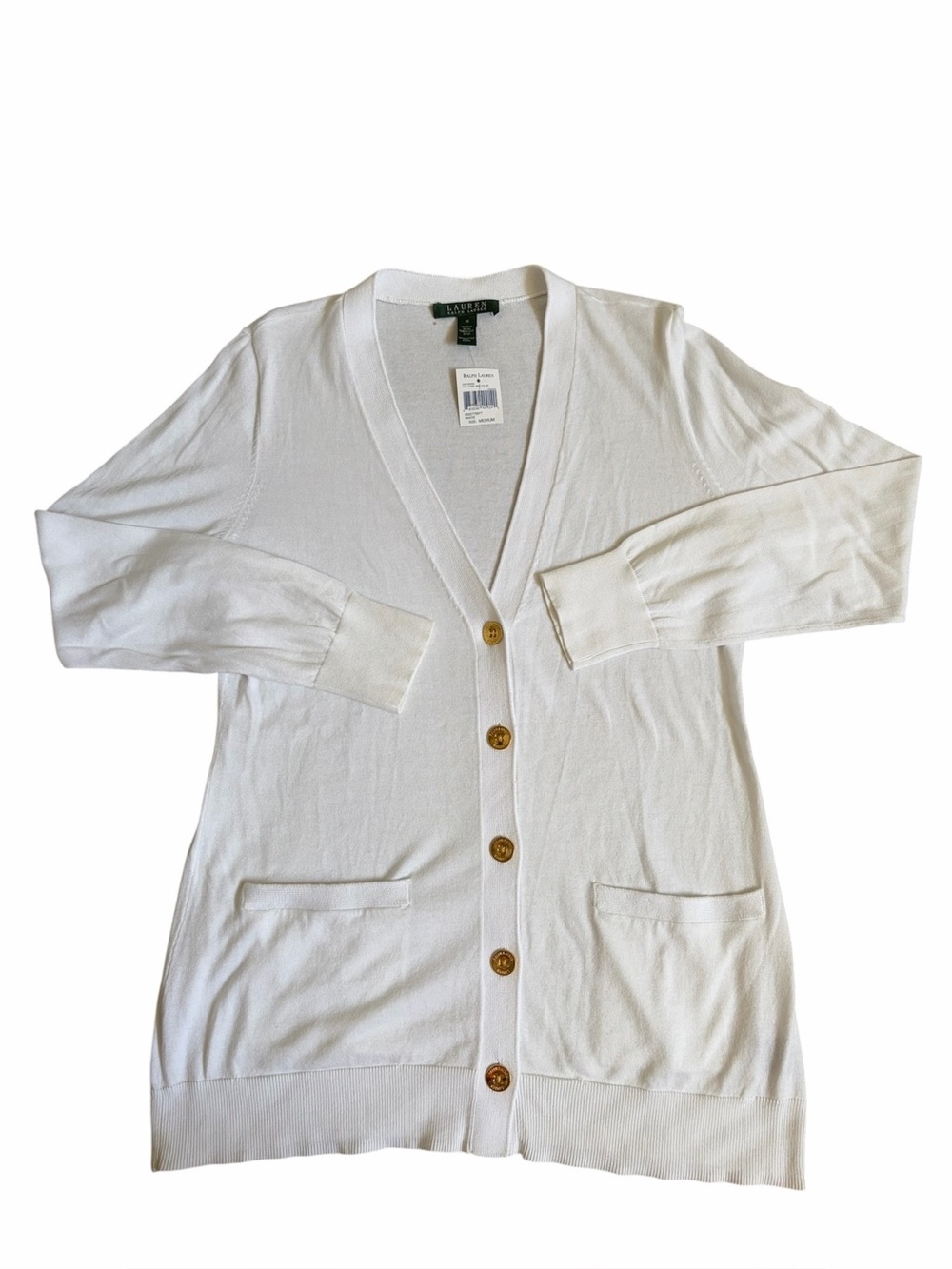 Lauren Ralph Lauren New White Cotton Cardigan Sweater Gold Buttons Medium NWT